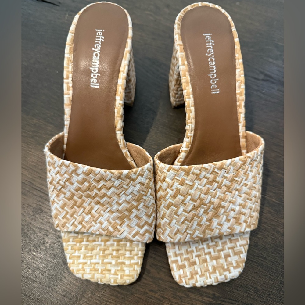 Jeffrey Campbell Melange Raffia Cream/Tan and White Woven Block Heel Sandals.